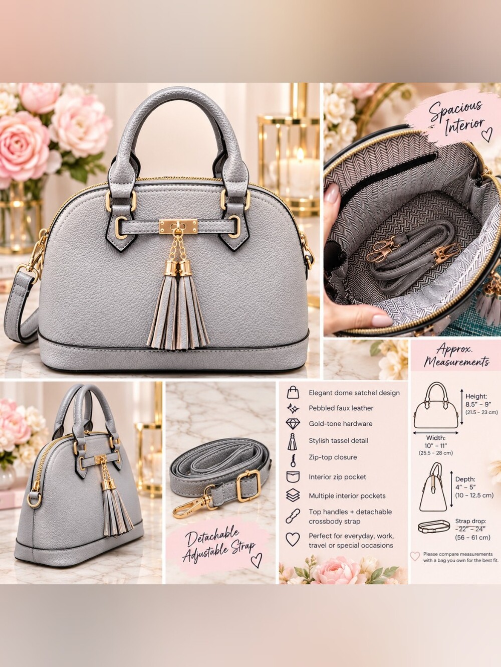 Elegant Gray Dome Satchel Handbag with Tassel Detail **New Without Tag's**